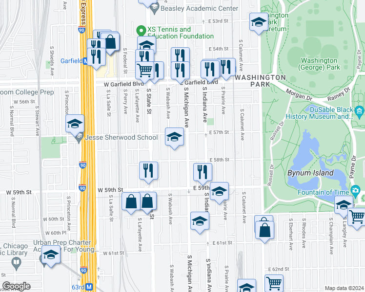 map of restaurants, bars, coffee shops, grocery stores, and more near 5726 South Michigan Avenue in Chicago
