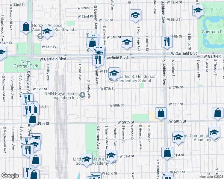 map of restaurants, bars, coffee shops, grocery stores, and more near 5706 South Wolcott Avenue in Chicago
