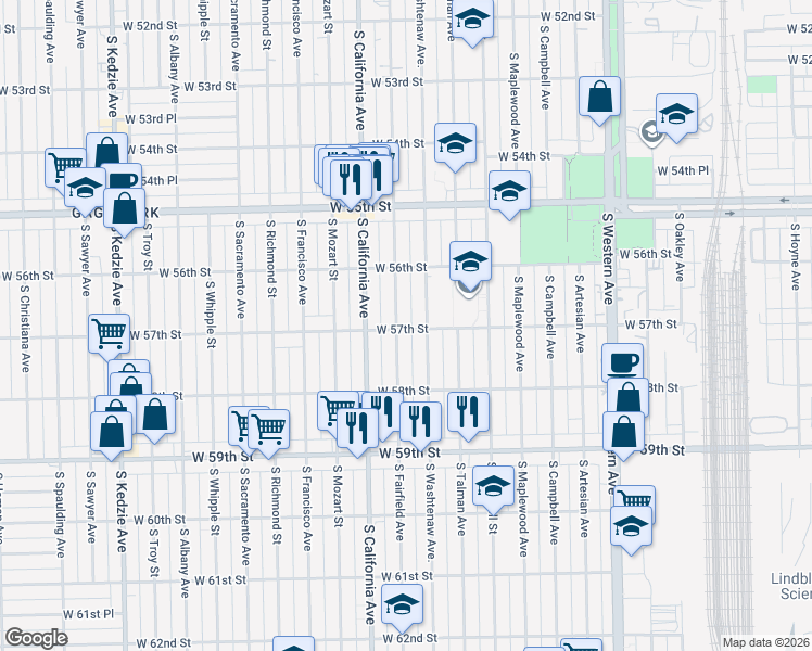 map of restaurants, bars, coffee shops, grocery stores, and more near 5700 South Washtenaw Avenue in Chicago