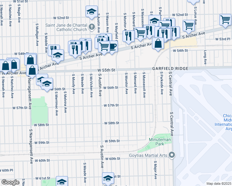 map of restaurants, bars, coffee shops, grocery stores, and more near 5627 South Mayfield Avenue in Chicago