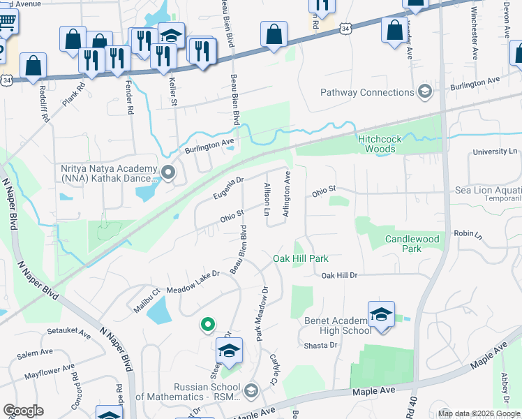 map of restaurants, bars, coffee shops, grocery stores, and more near 24W479 Ohio Street in Naperville