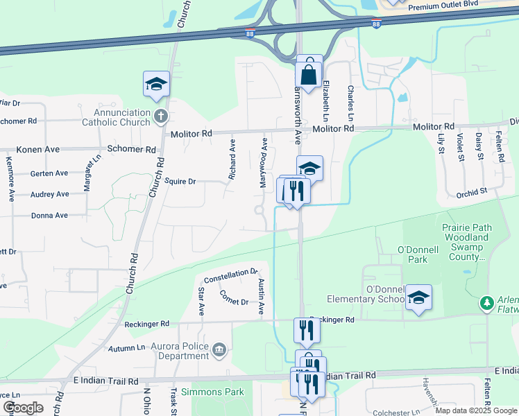 map of restaurants, bars, coffee shops, grocery stores, and more near 1645 North Marywood Avenue in Aurora