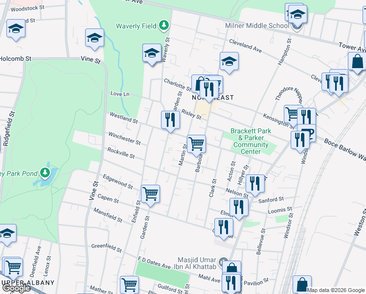 map of restaurants, bars, coffee shops, grocery stores, and more near in Hartford