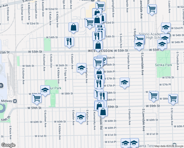 map of restaurants, bars, coffee shops, grocery stores, and more near 4034 West 57th Street in Chicago