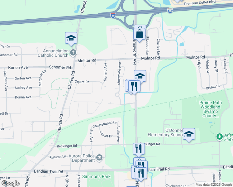 map of restaurants, bars, coffee shops, grocery stores, and more near 1645 North Marywood Avenue in Aurora