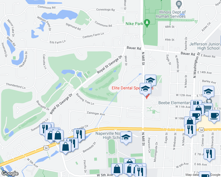 map of restaurants, bars, coffee shops, grocery stores, and more near 625 Bowling Green Court in Naperville