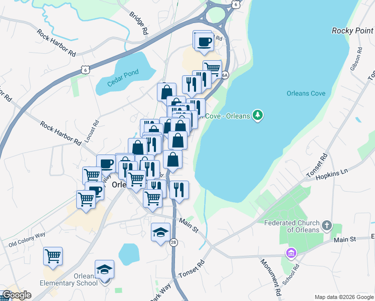 map of restaurants, bars, coffee shops, grocery stores, and more near 13 South Orleans Road in Orleans