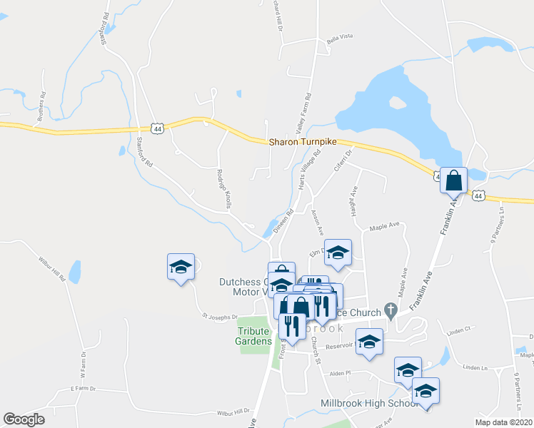 map of restaurants, bars, coffee shops, grocery stores, and more near 26 Stanford Road in Millbrook