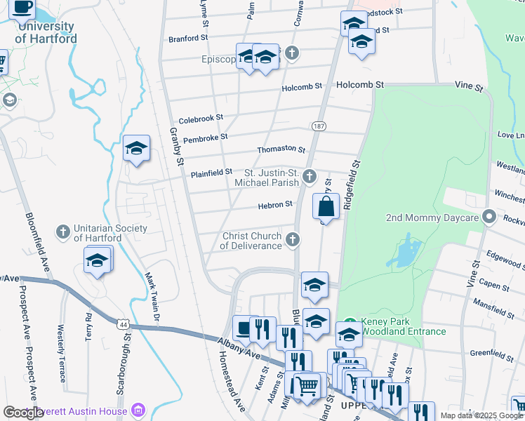 map of restaurants, bars, coffee shops, grocery stores, and more near 45 Hebron Street in Hartford