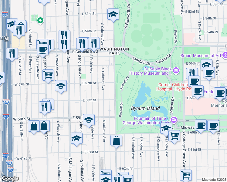 map of restaurants, bars, coffee shops, grocery stores, and more near 5730 South King Drive in Chicago