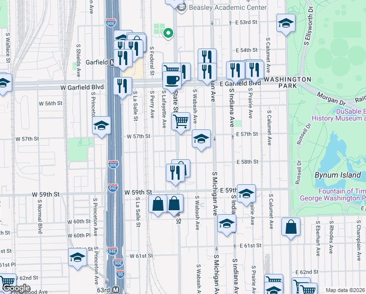map of restaurants, bars, coffee shops, grocery stores, and more near 5745 South State Street in Chicago