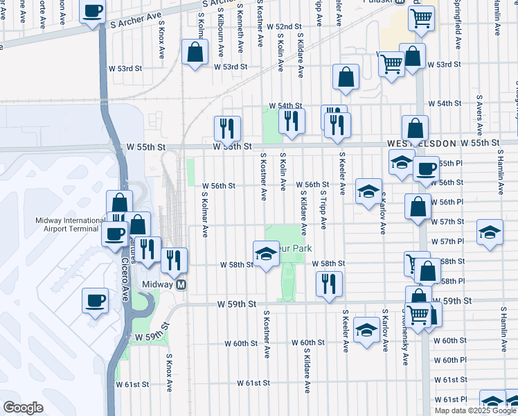 map of restaurants, bars, coffee shops, grocery stores, and more near 5640 South Kostner Avenue in Chicago