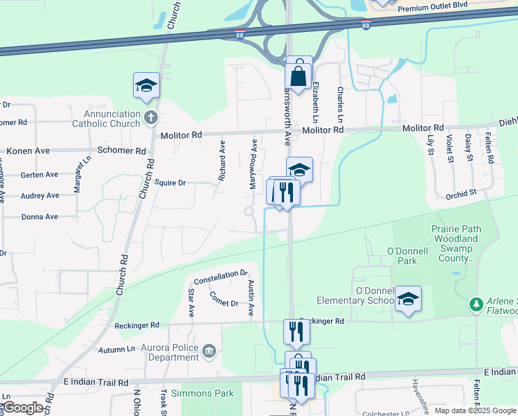 map of restaurants, bars, coffee shops, grocery stores, and more near 1645 North Marywood Avenue in Aurora