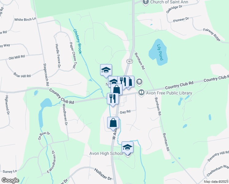 map of restaurants, bars, coffee shops, grocery stores, and more near 395 West Avon Road in Avon