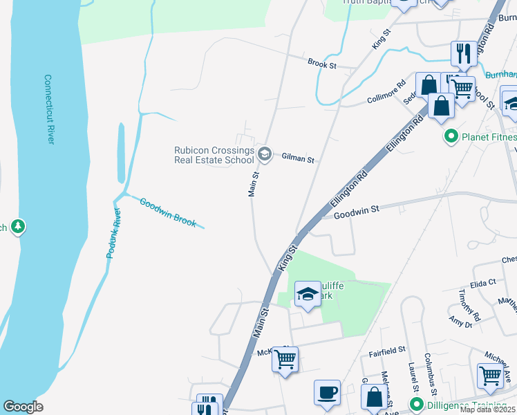map of restaurants, bars, coffee shops, grocery stores, and more near 1850 Main Street in East Hartford