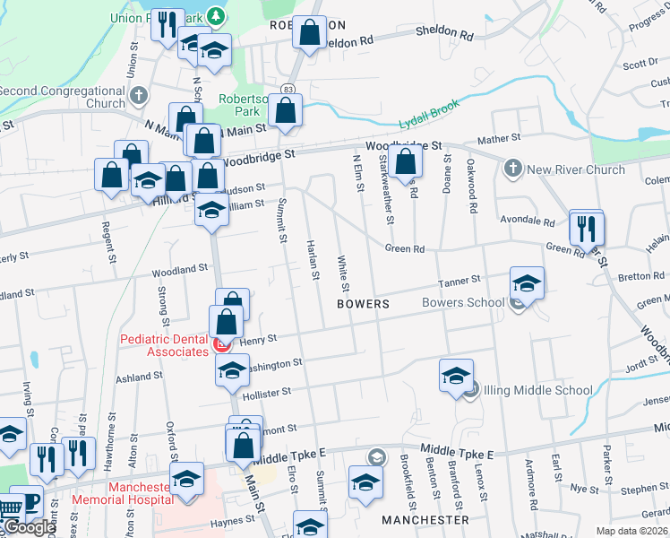 map of restaurants, bars, coffee shops, grocery stores, and more near 78 White Street in Manchester