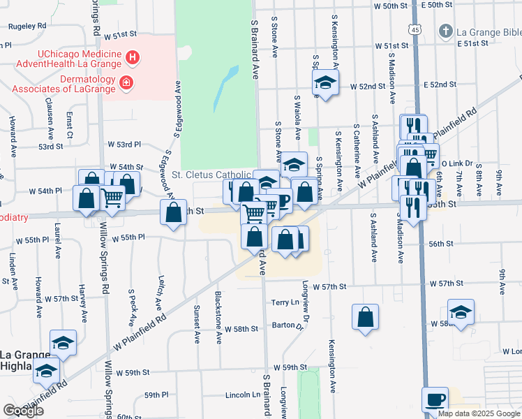 map of restaurants, bars, coffee shops, grocery stores, and more near West 55th Street & South Brainard Avenue in Countryside
