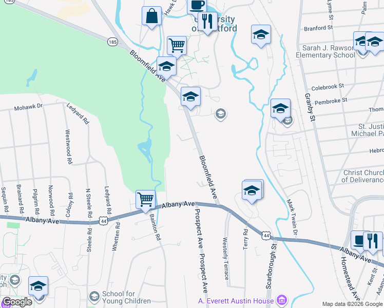 map of restaurants, bars, coffee shops, grocery stores, and more near 7 Winhall Lane in Hartford