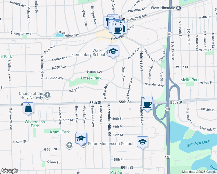 map of restaurants, bars, coffee shops, grocery stores, and more near 261 Walker Avenue in Clarendon Hills