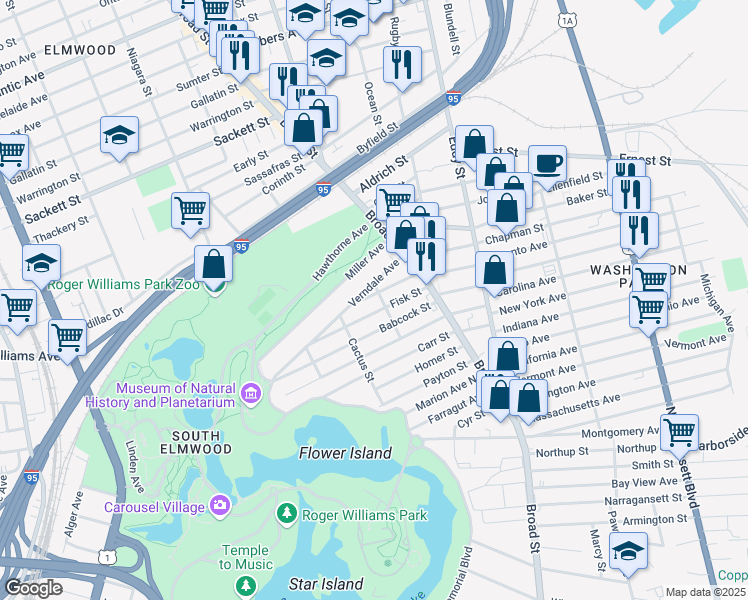 map of restaurants, bars, coffee shops, grocery stores, and more near 52 Fisk Street in Providence