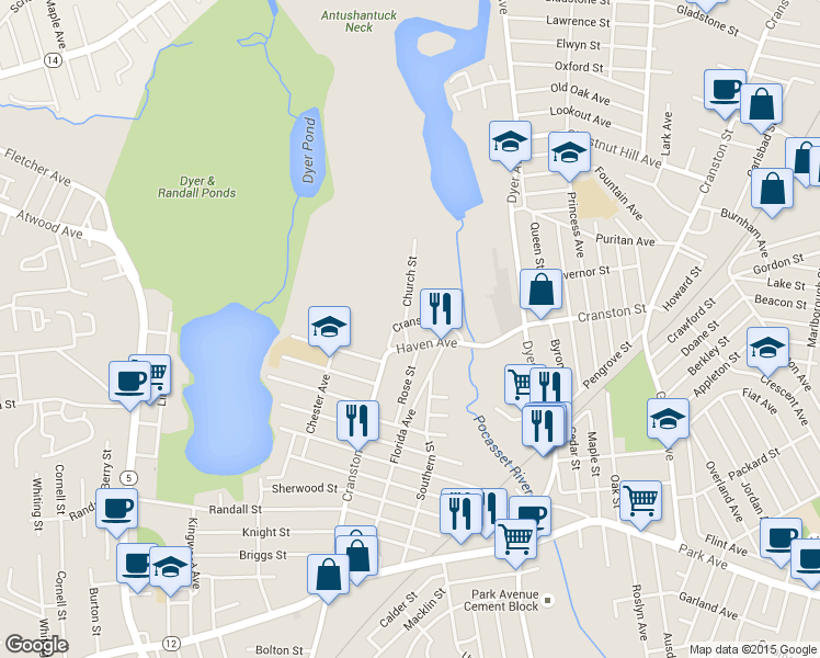 map of restaurants, bars, coffee shops, grocery stores, and more near 35 Haven Avenue in Cranston