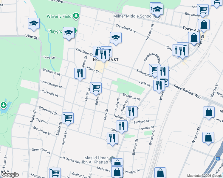 map of restaurants, bars, coffee shops, grocery stores, and more near 87 Westland Street in Hartford