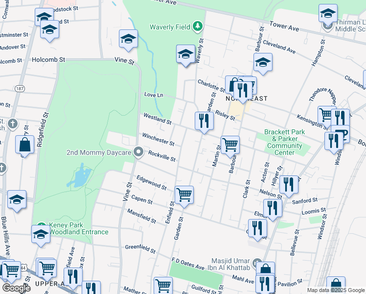 map of restaurants, bars, coffee shops, grocery stores, and more near 280 Enfield Street in Hartford