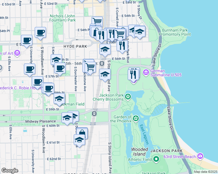 map of restaurants, bars, coffee shops, grocery stores, and more near 5740 South Stony Island Avenue in Chicago