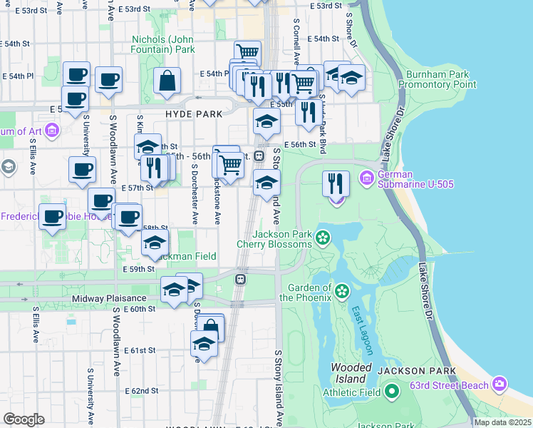 map of restaurants, bars, coffee shops, grocery stores, and more near 5800 South Stony Island Avenue in Chicago