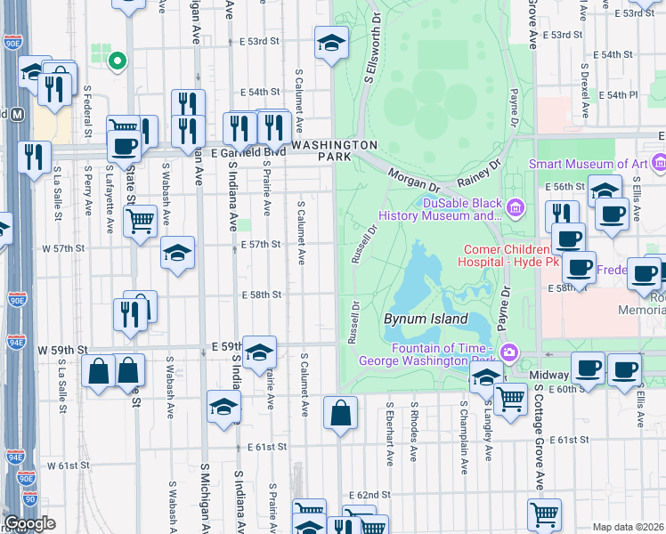 map of restaurants, bars, coffee shops, grocery stores, and more near 5730 South King Drive in Chicago