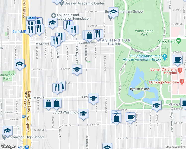 map of restaurants, bars, coffee shops, grocery stores, and more near 5736 South Prairie Avenue in Chicago
