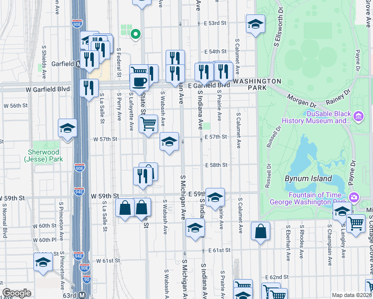 map of restaurants, bars, coffee shops, grocery stores, and more near 5730 South Michigan Avenue in Chicago