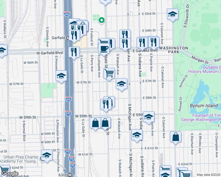 map of restaurants, bars, coffee shops, grocery stores, and more near 5745 South State Street in Chicago
