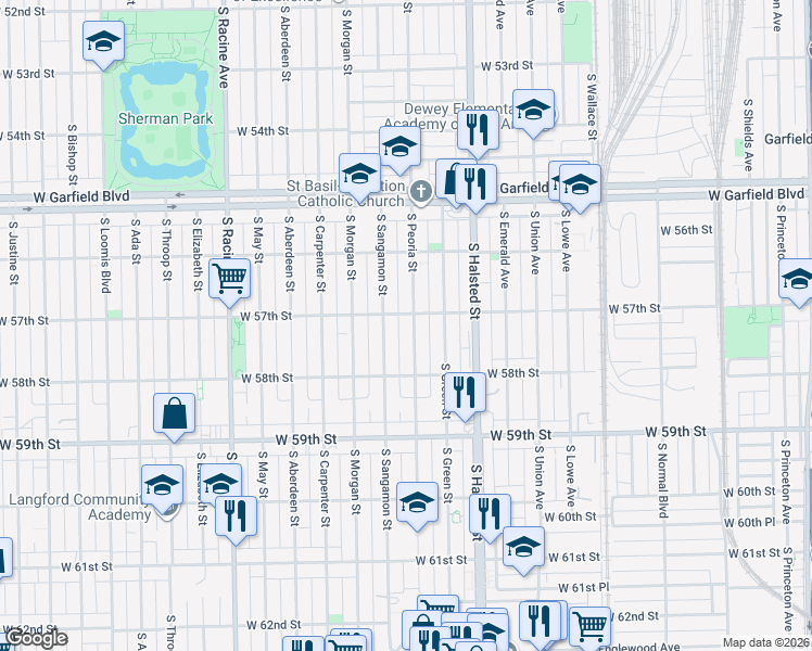 map of restaurants, bars, coffee shops, grocery stores, and more near 5718 South Peoria Street in Chicago