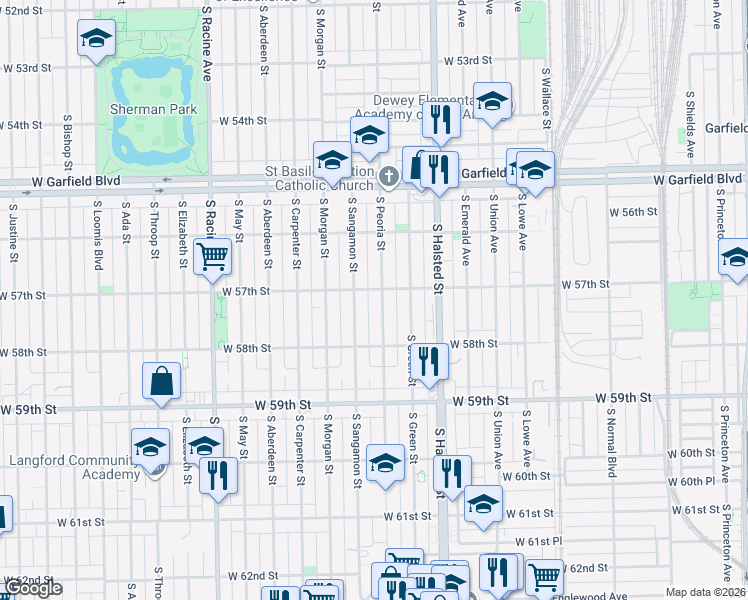 map of restaurants, bars, coffee shops, grocery stores, and more near 5718 South Peoria Street in Chicago