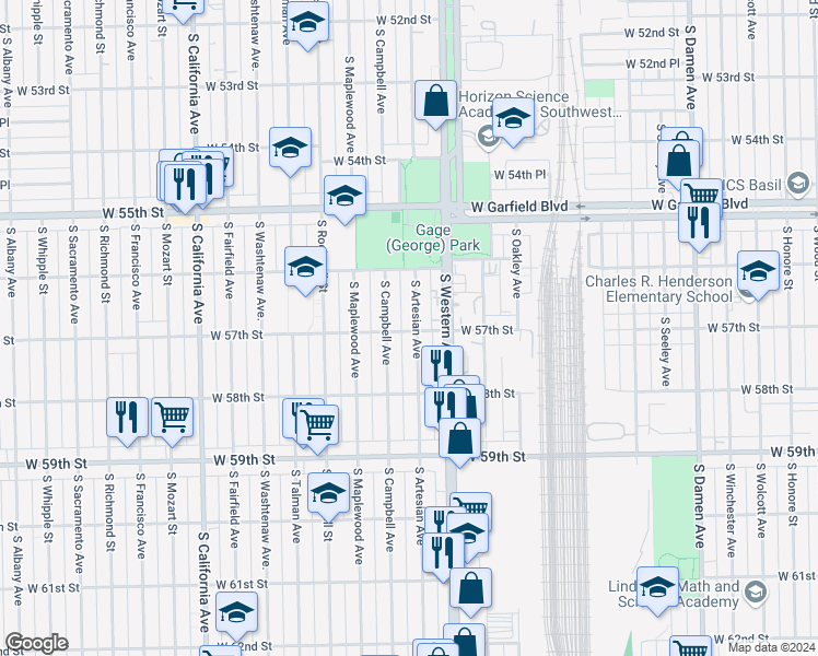 map of restaurants, bars, coffee shops, grocery stores, and more near 5704 South Artesian Avenue in Chicago