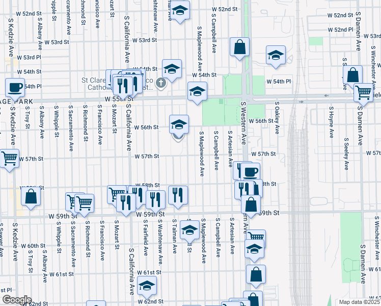 map of restaurants, bars, coffee shops, grocery stores, and more near 2553 West 57th Street in Chicago