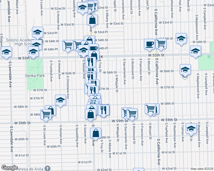 map of restaurants, bars, coffee shops, grocery stores, and more near 3120 West 57th Street in Chicago