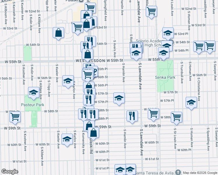 map of restaurants, bars, coffee shops, grocery stores, and more near 3842 West 57th Street in Chicago