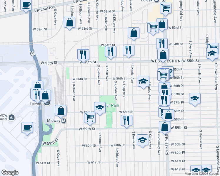 map of restaurants, bars, coffee shops, grocery stores, and more near 5642 South Kolin Avenue in Chicago