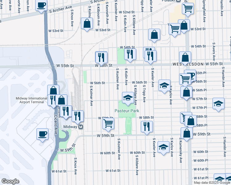 map of restaurants, bars, coffee shops, grocery stores, and more near 5640 South Kostner Avenue in Chicago