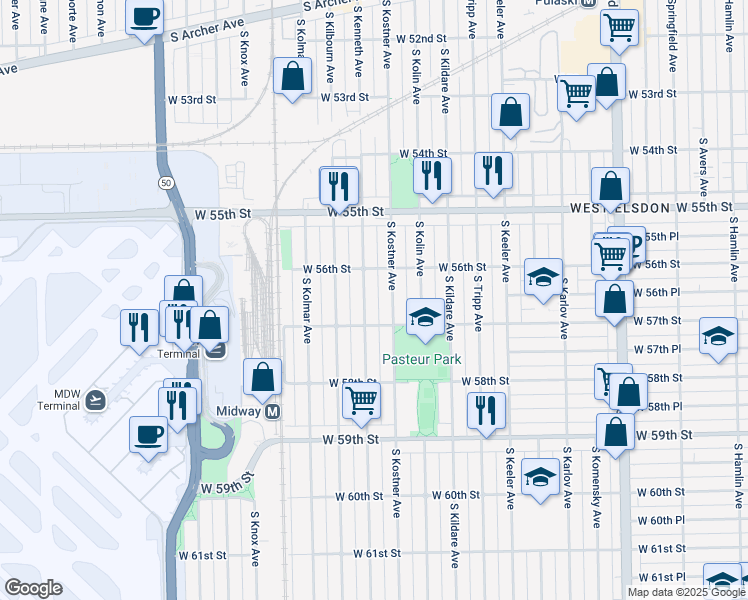 map of restaurants, bars, coffee shops, grocery stores, and more near 5640 South Kostner Avenue in Chicago