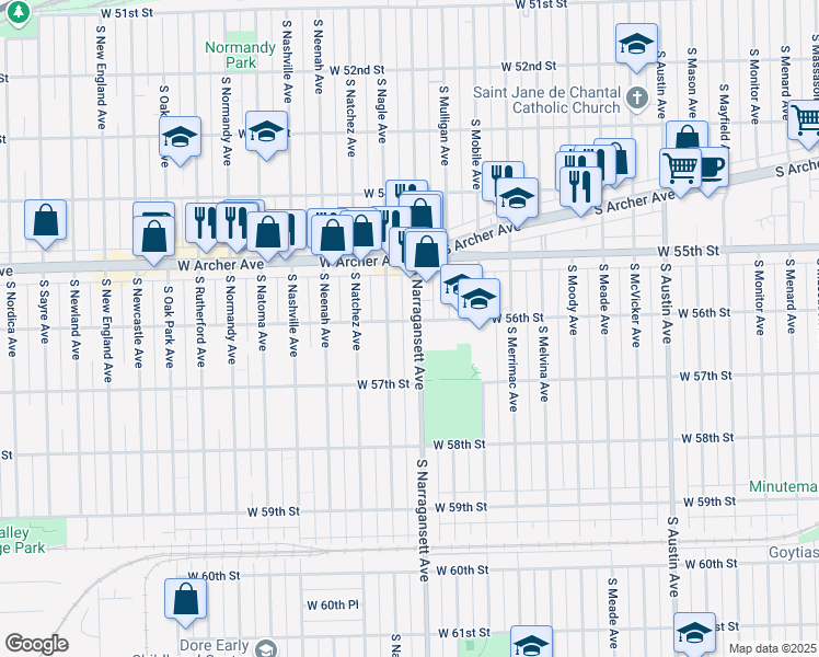 map of restaurants, bars, coffee shops, grocery stores, and more near 5625 South Narragansett Avenue in Chicago