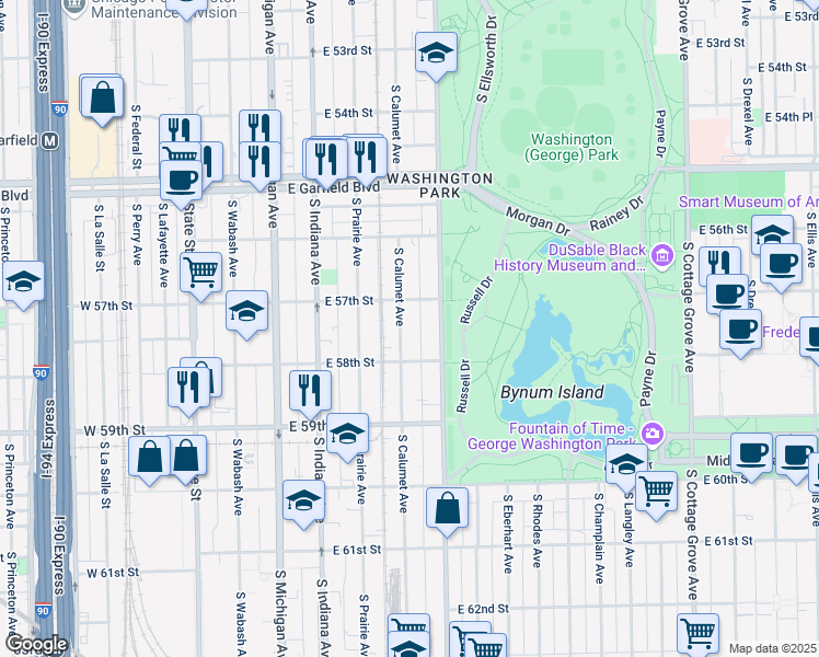 map of restaurants, bars, coffee shops, grocery stores, and more near 5727 South Calumet Avenue in Chicago