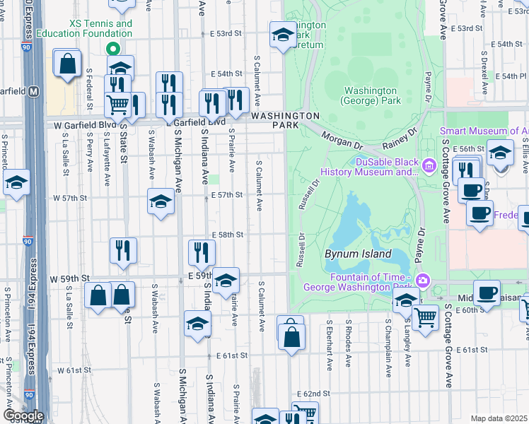 map of restaurants, bars, coffee shops, grocery stores, and more near 5727 South Calumet Avenue in Chicago