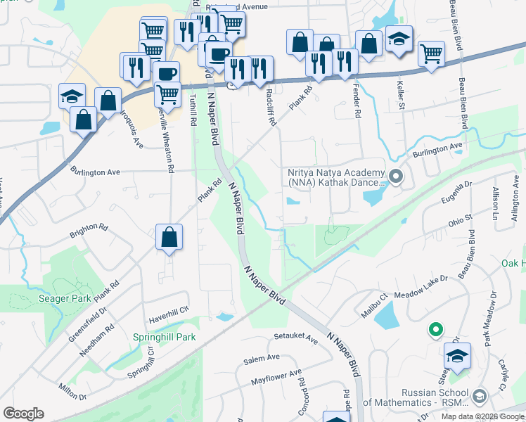 map of restaurants, bars, coffee shops, grocery stores, and more near 5S530 Radcliff Road in Naperville