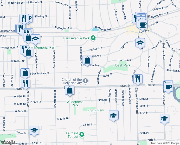 map of restaurants, bars, coffee shops, grocery stores, and more near 422 Ruby Street in Clarendon Hills
