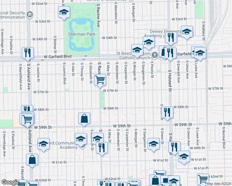 map of restaurants, bars, coffee shops, grocery stores, and more near 5704 South Aberdeen Street in Chicago