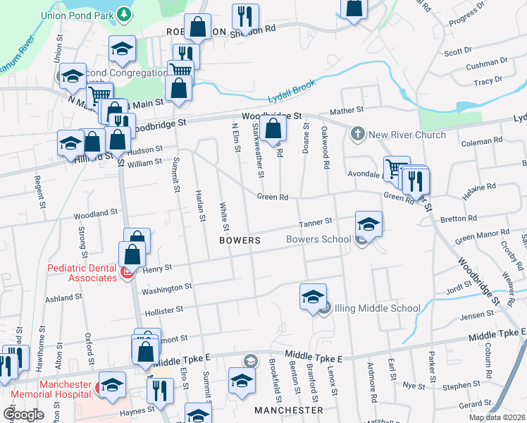 map of restaurants, bars, coffee shops, grocery stores, and more near 121 North Elm Street in Manchester