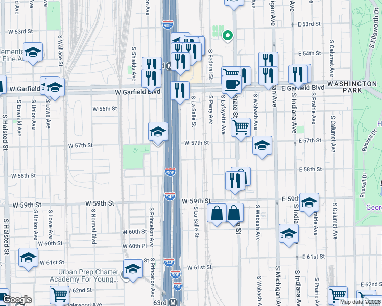 map of restaurants, bars, coffee shops, grocery stores, and more near 5722 South La Salle Street in Chicago